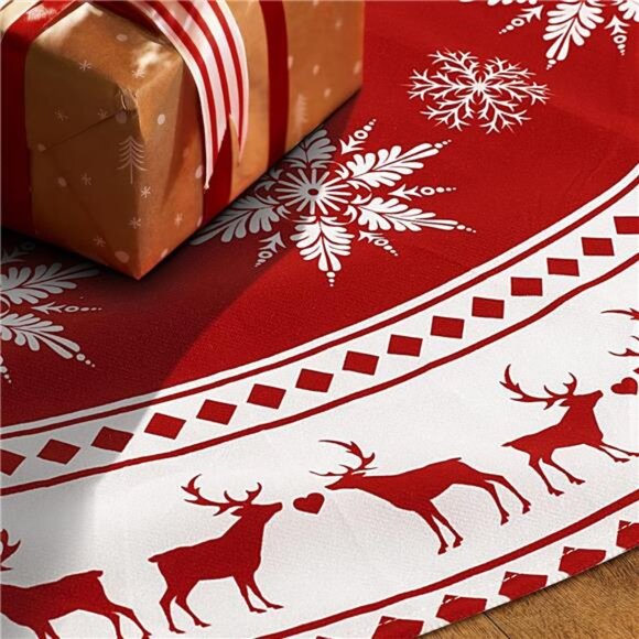 48-inch Christmas Tree Skirt - Snowflake & Reindeer Design, Rustic Red - Picture 4 of 7